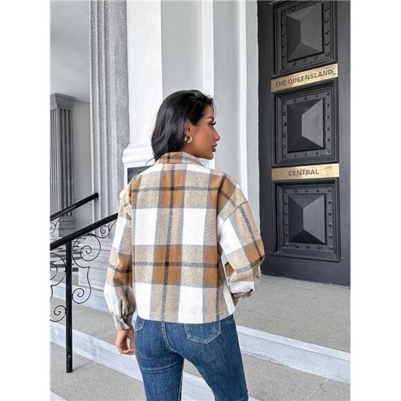 Brown Plaid Print Corduroy Cropped Jacket Shacket Button‎ Down Long Sleeve Coat - Picture 5 of 6